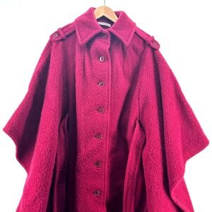 Vintage Woolmark Pure New Wool Cape Coat Deep Red Button Up Belted Unlined M